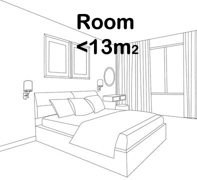 A line-drawn illustration of a compact bedroom measuring less than 13 square meters. The room features a bed with pillows and a blanket, wall-mounted lights, an Infinity White/Wood ceiling fan with light (92.6cm, 24W LED dimmable ceiling light with built-in 30W DC reversible fan, remote control) by Ceiling Fans UK, a small table, a mirror, two framed pictures, and large window with curtains. The text reads "Room <13m²".