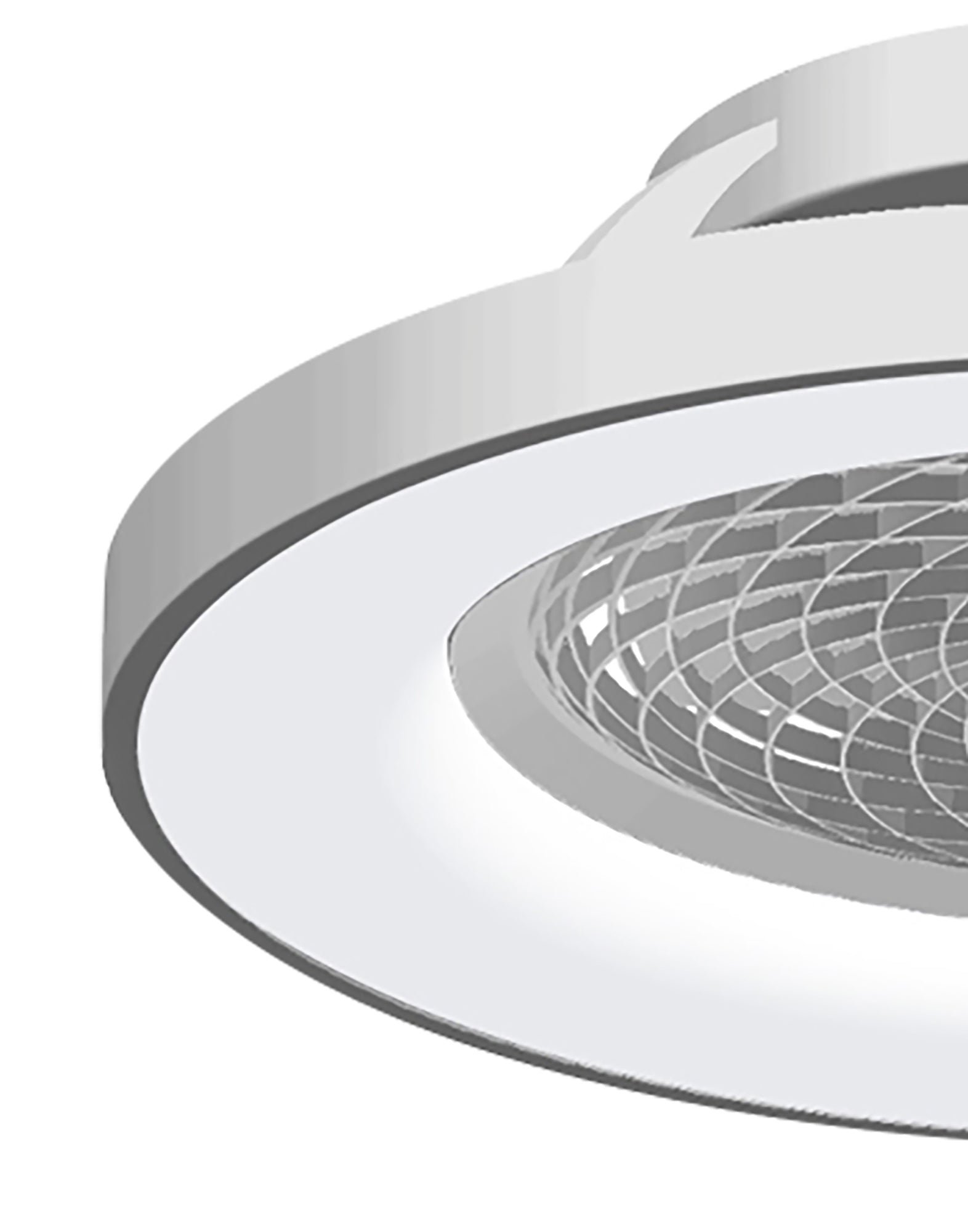 A close-up view of the Ceiling Fans UK's Tibet Silver Ceiling Fan with light reveals a modern, circular 70W LED dimmable ceiling light fixture with a metallic silver rim. The inner part of the fixture features a textured, grid-like pattern that diffuses light evenly, creating a sleek and contemporary design that works seamlessly with Alexa/Google Voice Control. This product also includes a 35W DC reversible fan, remote control, and app functionality, all backed by a 5-year warranty.