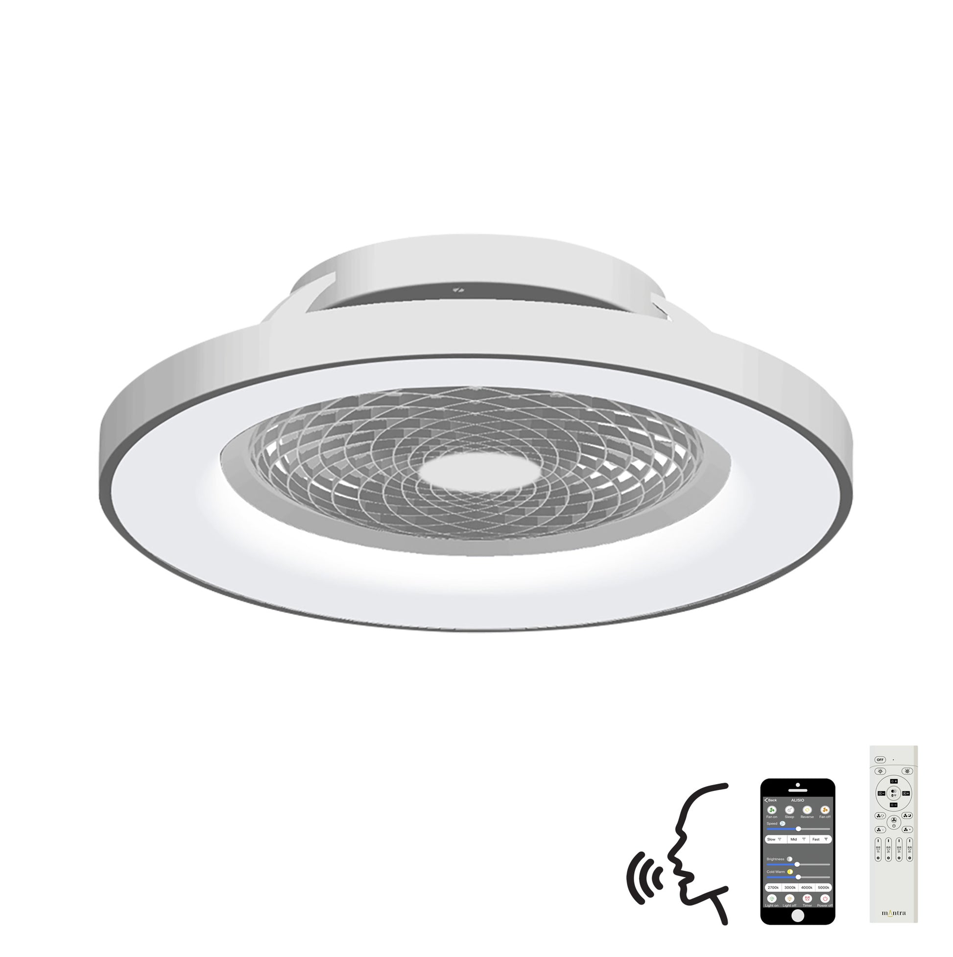 The Tibet Silver Ceiling Fan with light from Ceiling Fans UK is a 65cm, modern white ceiling-mounted LED dimmable light incorporating a 35W DC reversible fan. It showcases a circular design with an inner grille for the fan. The product supports multiple control methods including a remote control, smartphone app, and Alexa/Google Voice Control, and comes with a 5-year warranty.