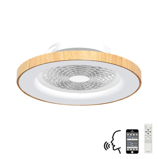 Ceiling Fans UK offers the Tibet White/Wood Ceiling Fan with Light, a 65cm fixture featuring a 70W dimmable LED ceiling light and a 35W DC reversible fan. The image suggests the product can be controlled through Alexa or Google Voice, via remote control, or through a smartphone app. This ceiling-mounted device combines functionality with style and comes with a 5-year warranty.