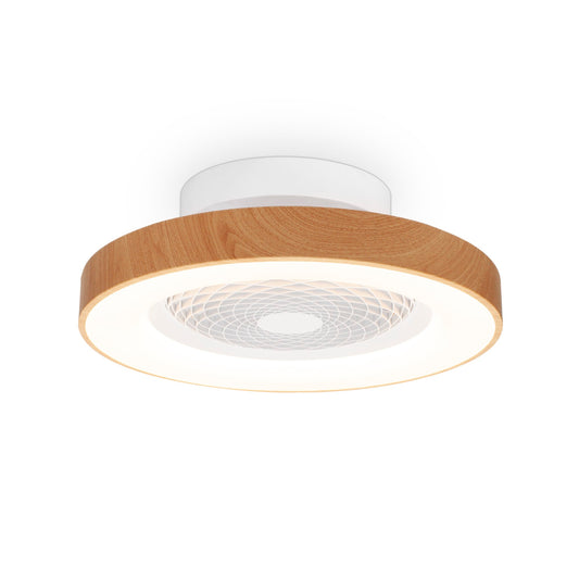 The Tibet Mini White/Wood Ceiling Fan with Light by Ceiling Fans UK is a modern ceiling light fixture featuring a circular design with a wooden rim, a white central portion, and an intricate grid pattern within the light's inner section. This 53cm 70W LED Dimmable Ceiling Light also comes with a 35W DC reversible fan and remote control, offering a sleek, minimalist aesthetic perfect for any contemporary space. It includes a 5-year warranty for added peace of mind.