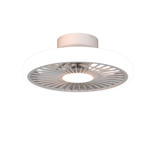 The Ceiling Fans UK Turbo White Ceiling Fan with Light boasts a circular, minimalist design featuring a 51.2cm, 55W LED dimmable ceiling light at its center. Its evenly spaced, reversible blades are integrated within a round housing, offering a sleek and modern aesthetic. The base attaches seamlessly to the ceiling for an unobtrusive and clean appearance, and it comes with a built-in 30W DC reversible fan and a 5-year warranty.