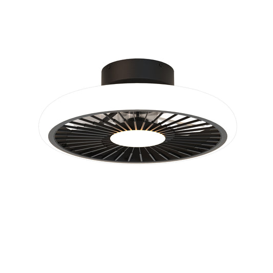 The Turbo Black Ceiling Fan with Light by Ceiling Fans UK is a sleek, 51.2cm fixture featuring a circular black and white design. The outer ring includes a 55W LED dimmable light, while the internal black blades ensure efficient air circulation. Mounted on a stylish black base, it comes with an integrated 30W DC reversible fan for versatile airflow control and is backed by a 5-year warranty.