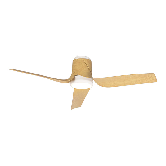 The Ushuaia White/Wood Ceiling Fan by Ceiling Fans UK features a white cylindrical base with three curved wooden blades, exhibiting a sleek, minimalist design. This modern ceiling fan includes a 30W LED dimmable light and is mounted on a white ceiling. The central fixture houses the built-in 35W DC fan. The product also offers remote and app control along with a 5-year warranty.